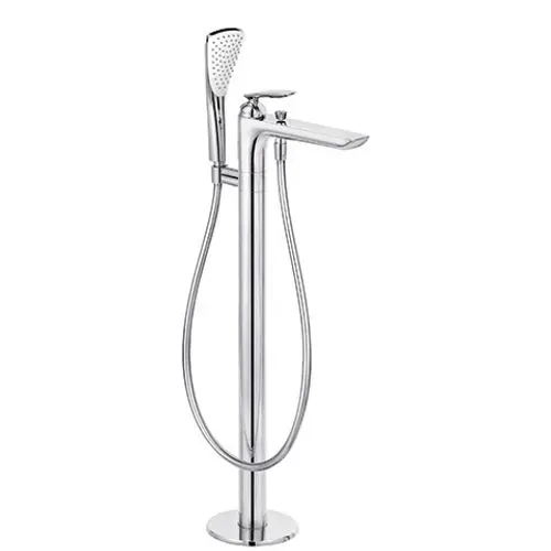 Kludi Wasserhahn mit Handbrause, bestehend aus einem hohen Standmischer mit einem flexiblen Schlauch und einem schlichten Design in verchromter Oberfläche.